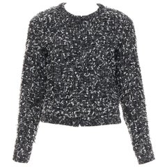 Chanel 2019 speckle black white tweed collarless CC buttons jacket FR34 XS