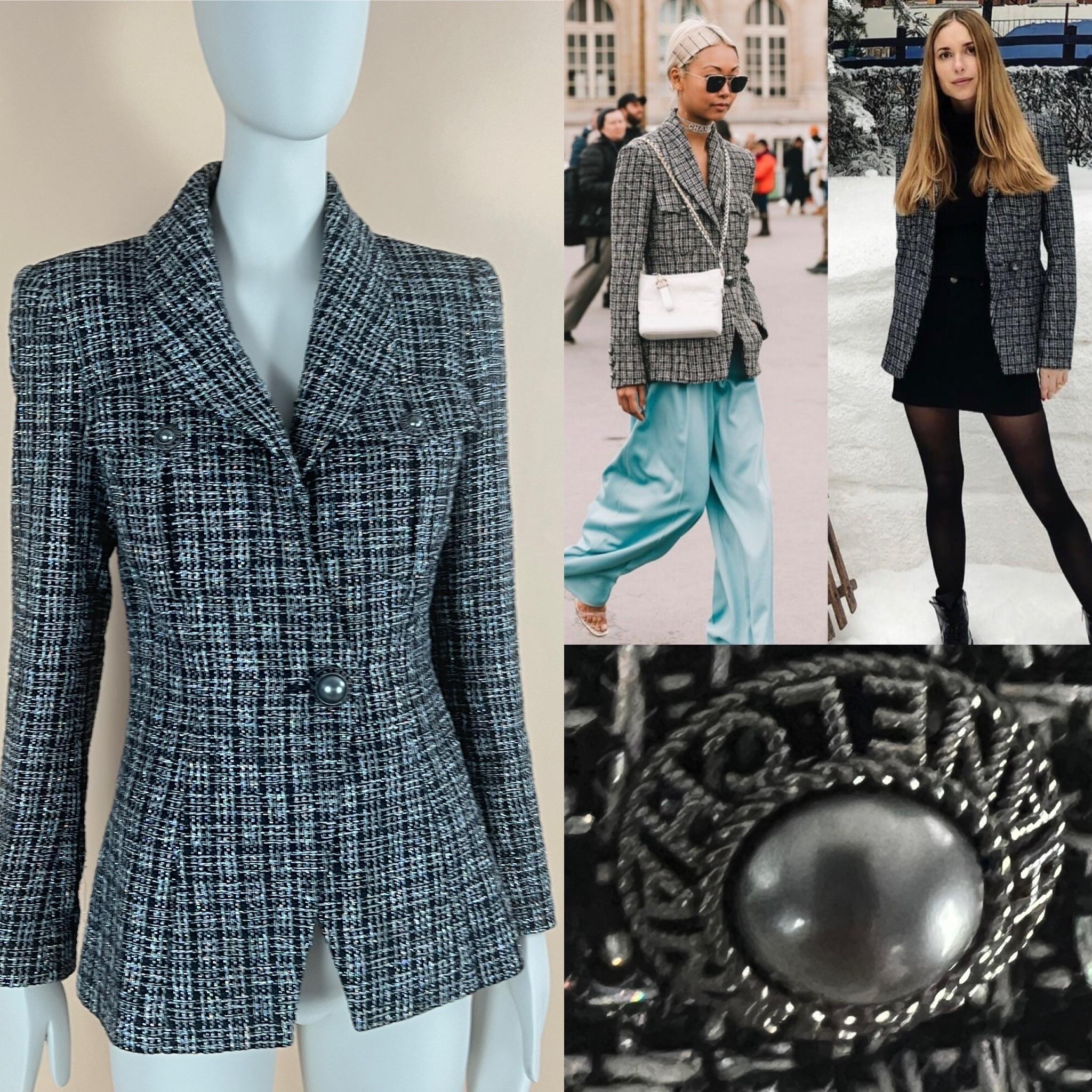 No import taxes payment needed by delivery (would be sent as gift)
Stunning Chanel black tweed jacket from 2019 spring collection
As seen on many fashionistas!
- made of black lesage tweed with ''rainbow'' subtle iridescent shimmering
- beautiful