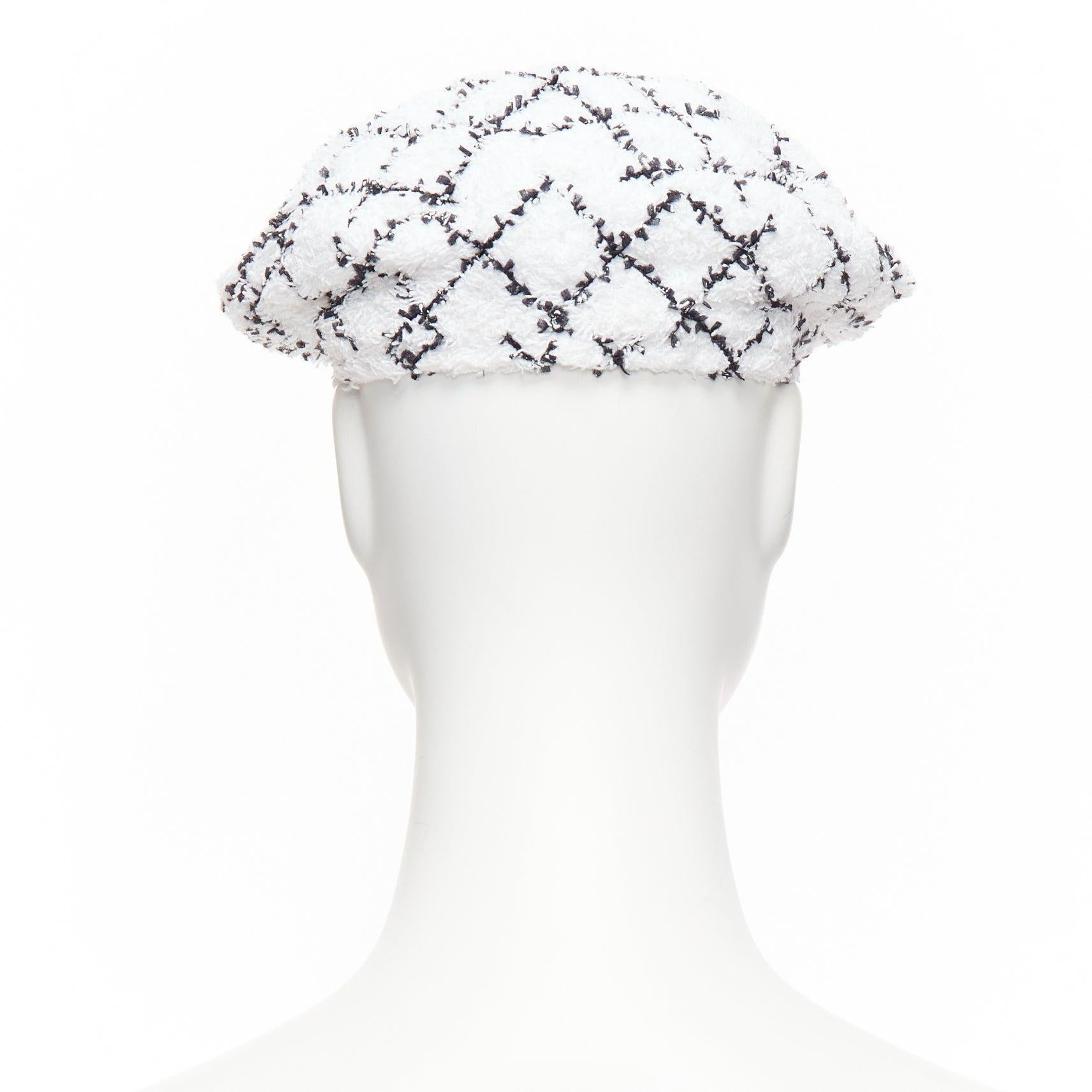  CHANEL 2019 blanc noir carreaux tweed doublé béret chapeau S Pour femmes 