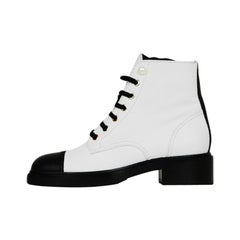 Chanel 2019 White Black Leather CC Lace Up Boots sz 39
