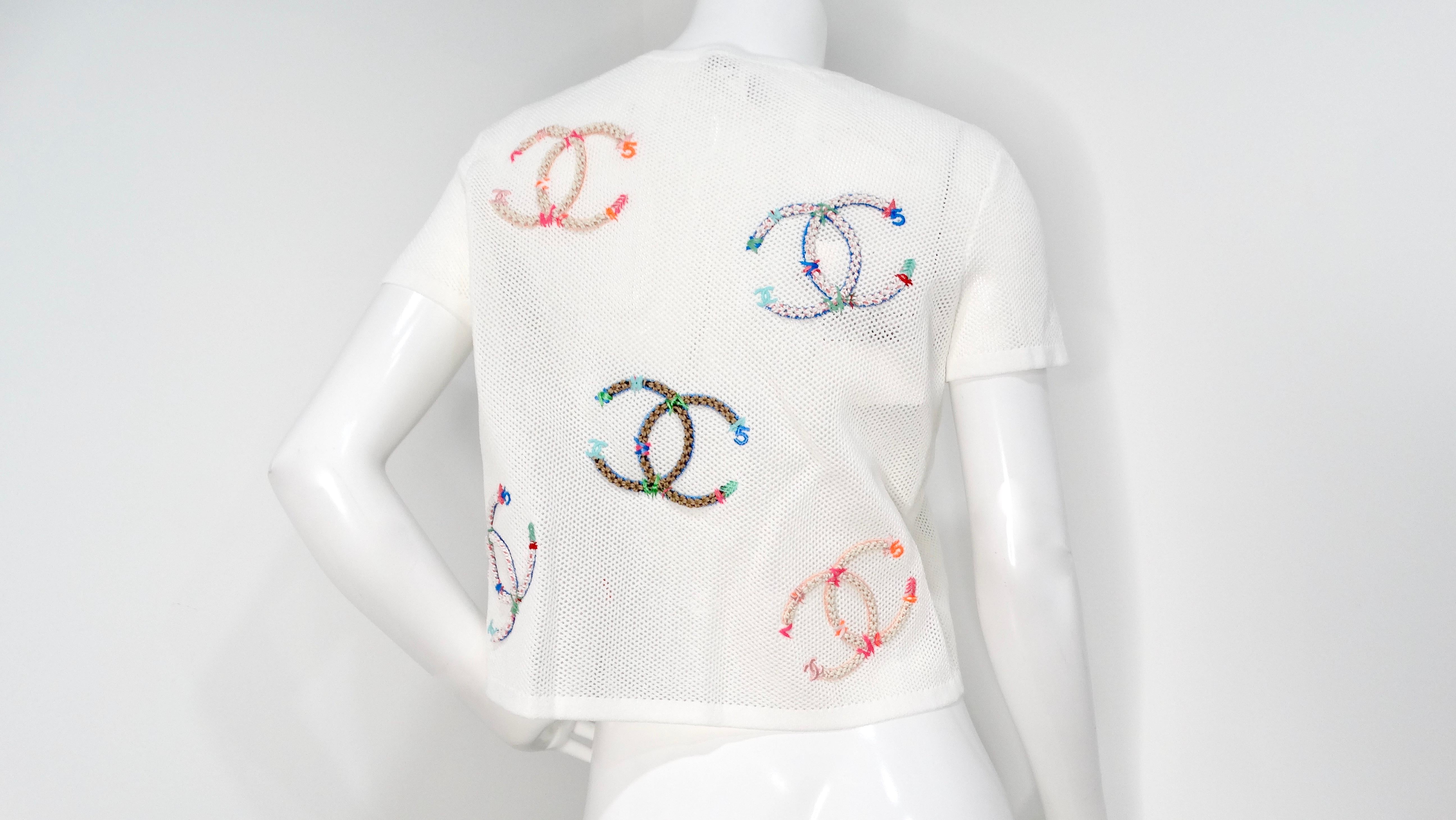 Women's Chanel 2019 White Mesh Embroidered Colorful Interlocking CC Logo T-Shirt For Sale