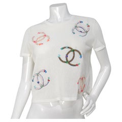 Chanel 2019 White Mesh Embroidered Colorful Interlocking CC Logo T-Shirt