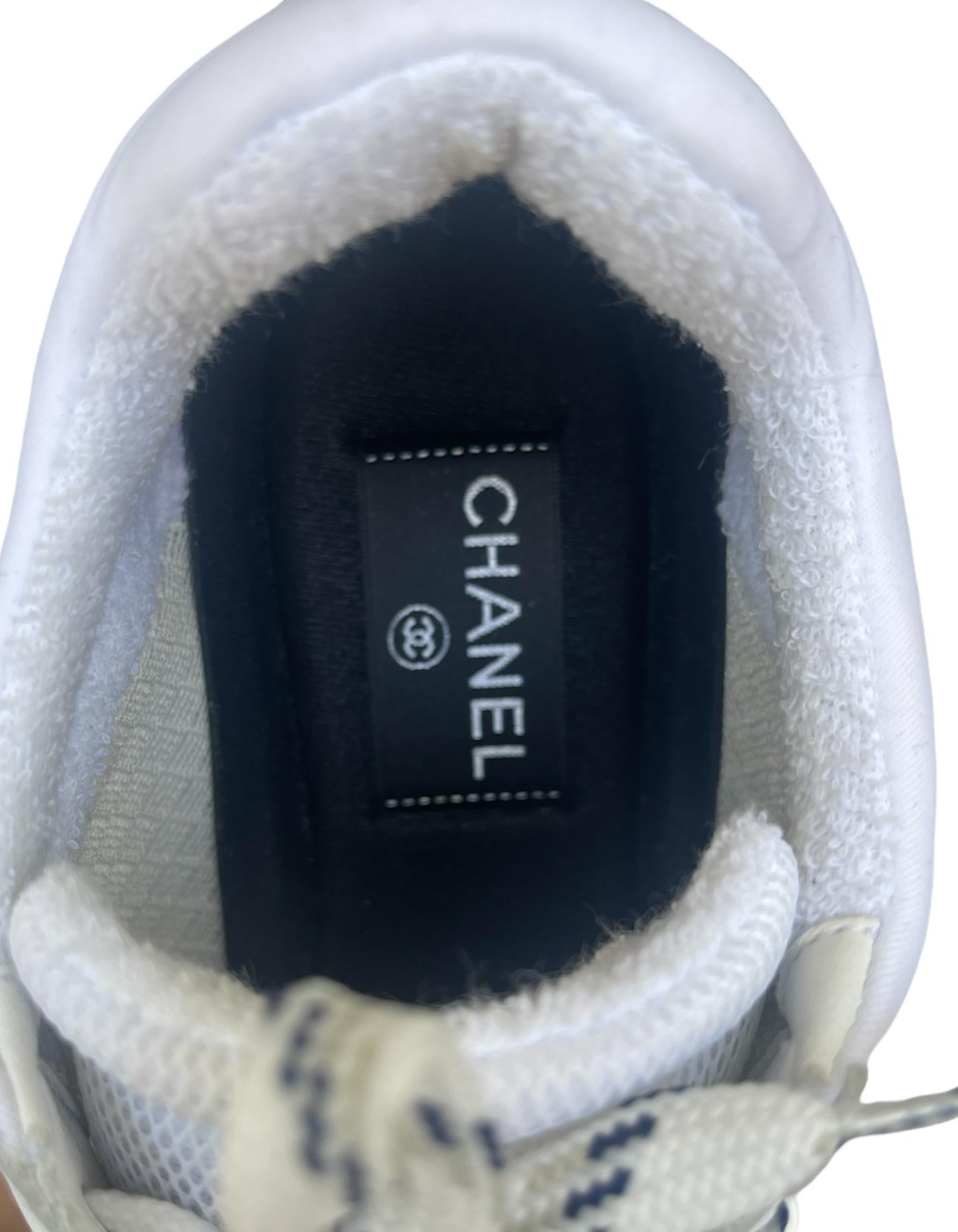 Chanel 2019 White Mesh Logo Athletic Sneakers sz 38.5 2