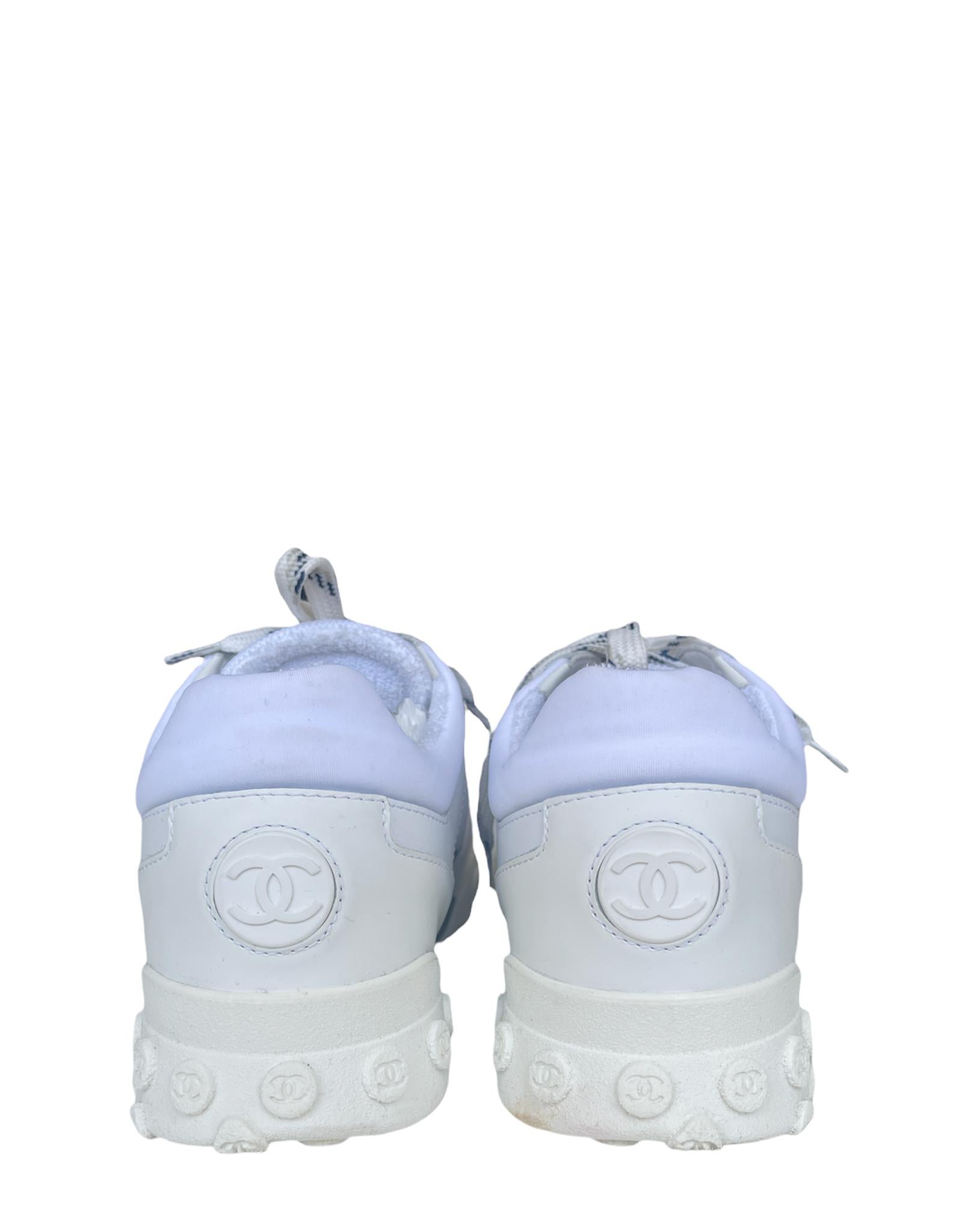 Purple Chanel 2019 White Mesh Logo Athletic Sneakers sz 38.5