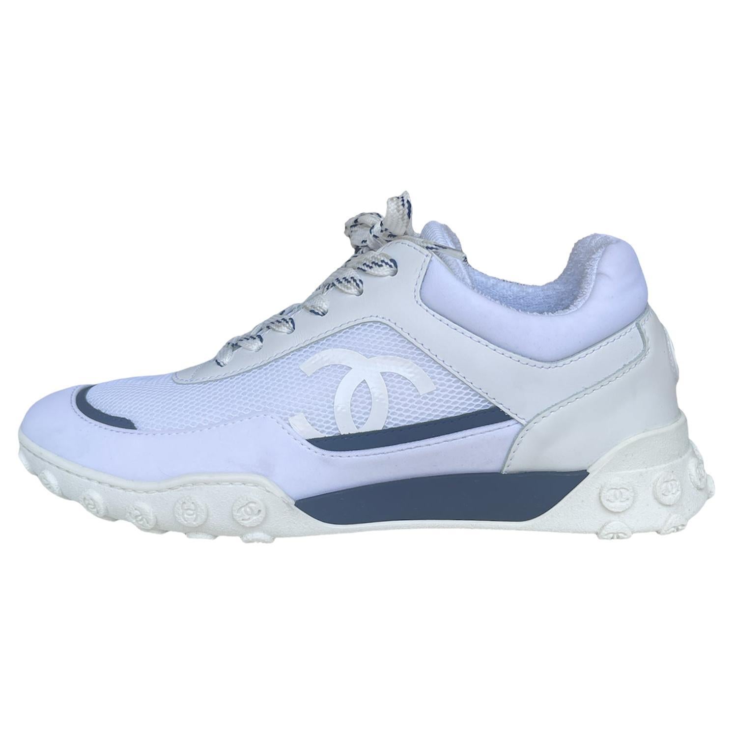 Chanel 2019 White Mesh Logo Athletic Sneakers sz 38.5 For Sale at 1stDibs