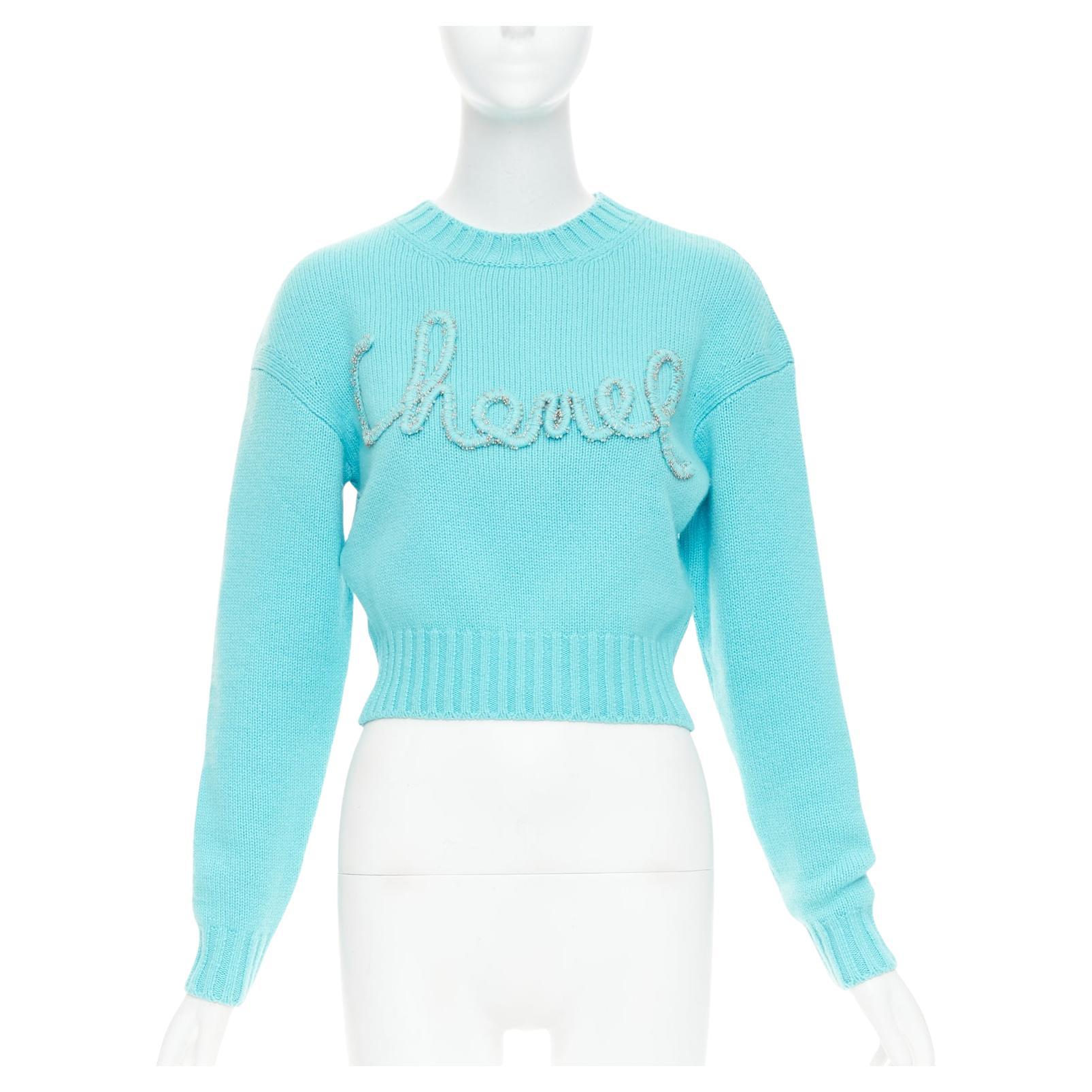 CHANEL 2020 100% cashmere cyan blue CC cursive logo cropped sweater FR36 S