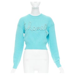 CHANEL 2020 100% cashmere cyan blue CC cursive logo cropped sweater FR36 S