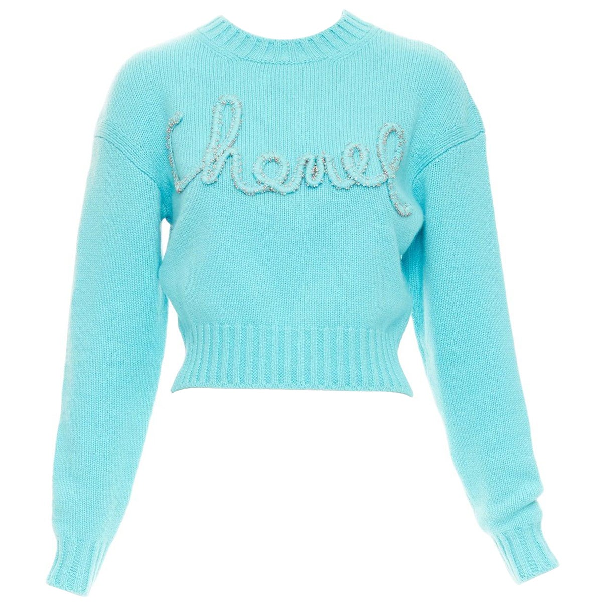 CHANEL 2020 100% Kaschmir cyanblau CC kursives Logo Cropped Pullover¬† FR36 S im Angebot