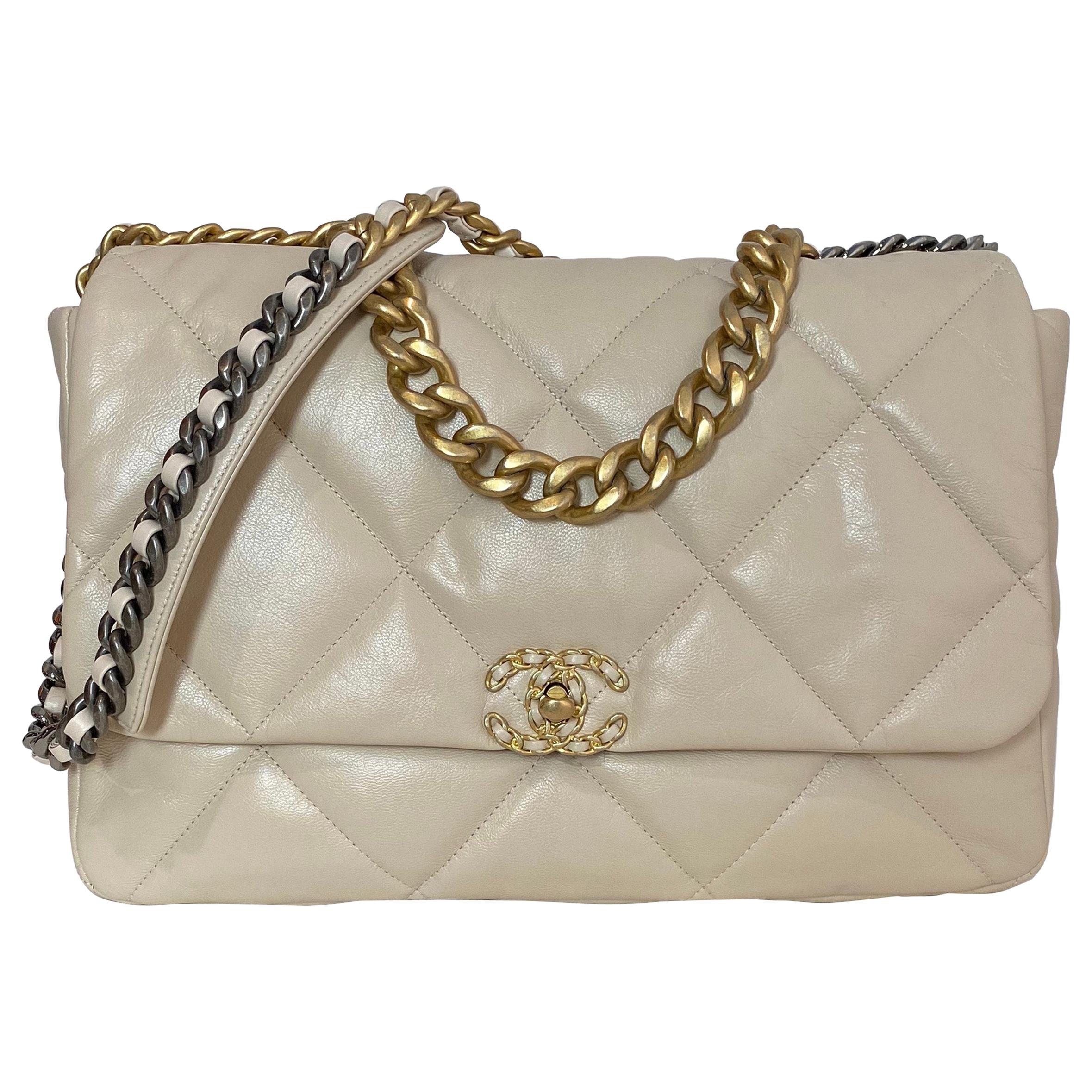 Chanel Quilted Large 19 Flap Beige Lambskin Leather Cross Body Bag