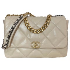 Chanel 2020 Beige Goatskin Leather Quilted Maxi 19 Flap Bag