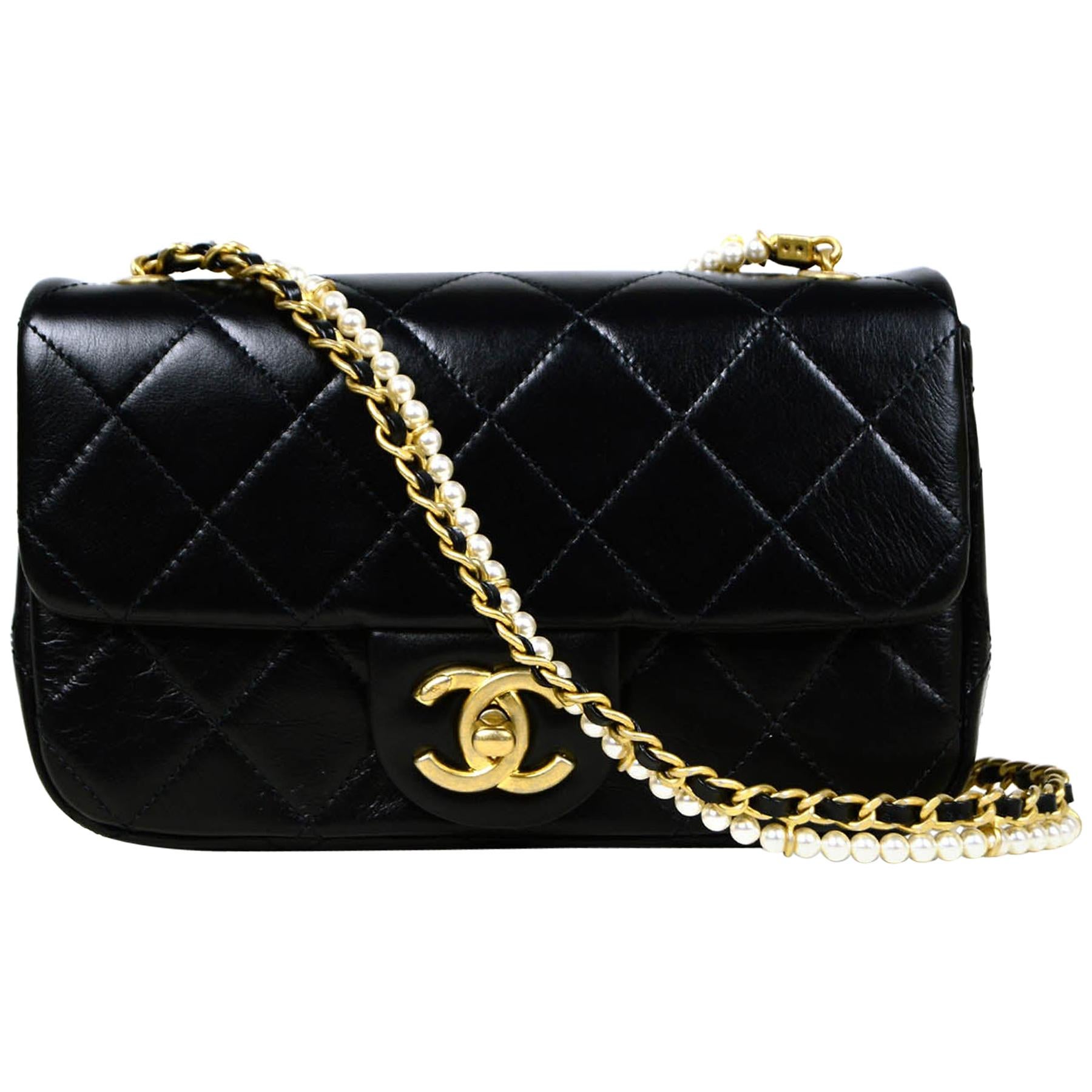 Chanel 2020 Black Calfskin Crystal Pearls Small Mini Flap Crossbody Bag w/ TAGS