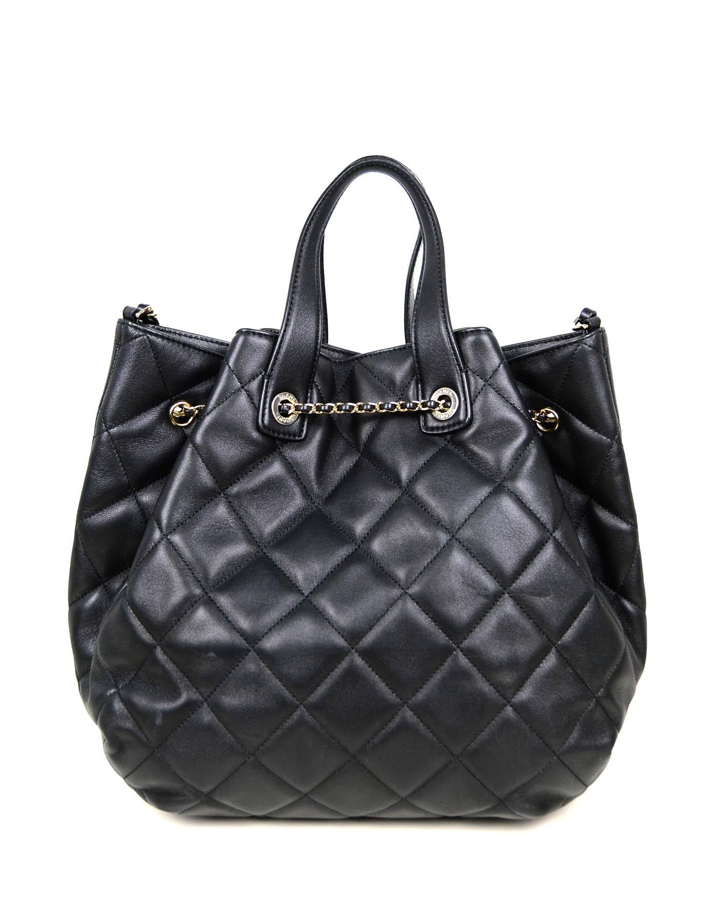 Women's Chanel 2020 Black Lambskin Quilted CC Dweller Drawstring Bucket Tote Bag