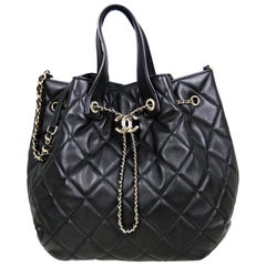 Chanel 2020 Black Lambskin Quilted CC Dweller Drawstring Bucket Tote Bag