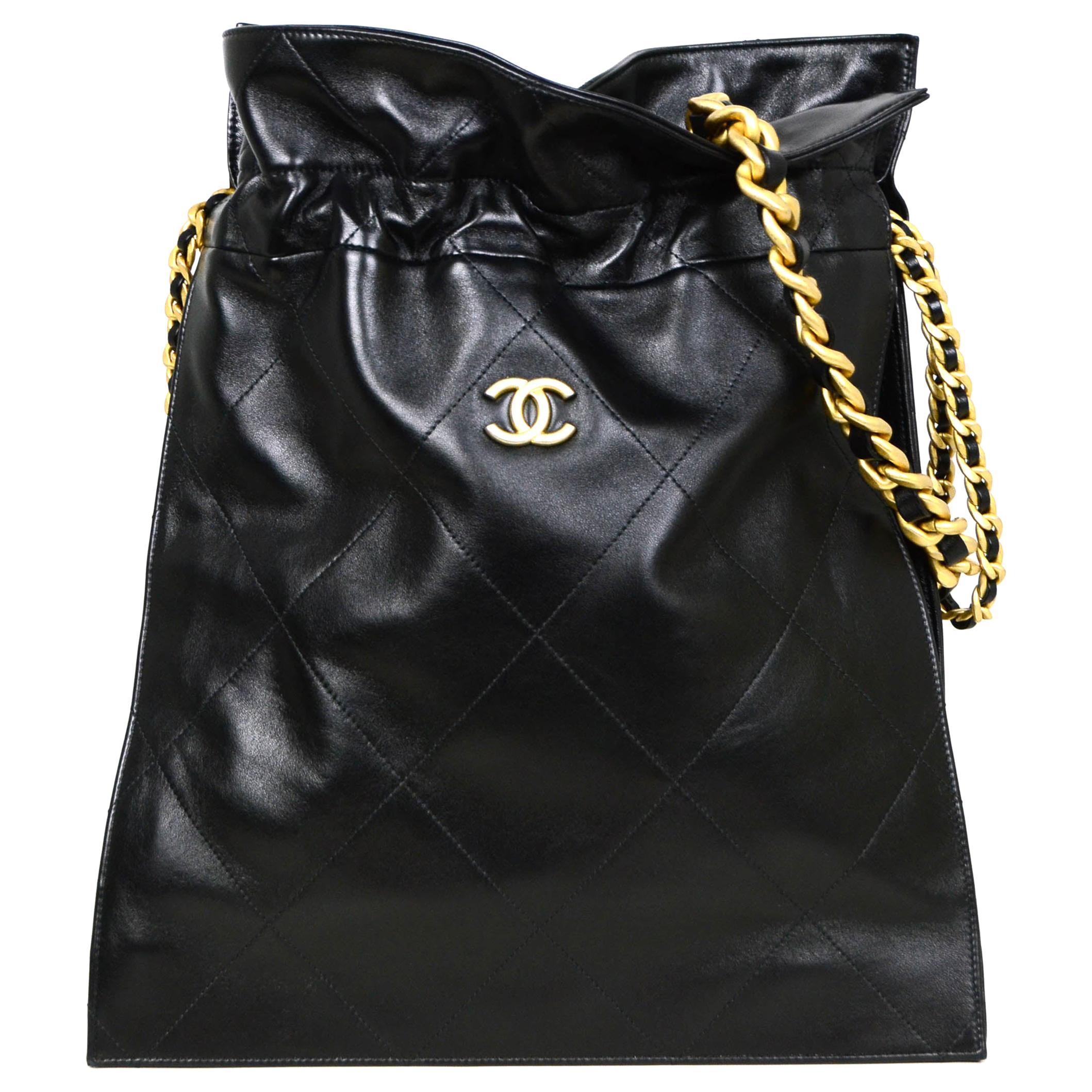 Chanel 2020 Black Shiny Lambskin Leather Chain Drawstring Quilted Tote Bag