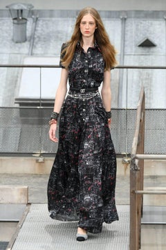 CHANEL 2020 Black Silk Maxi Dress with CC Logo Print 34 FR