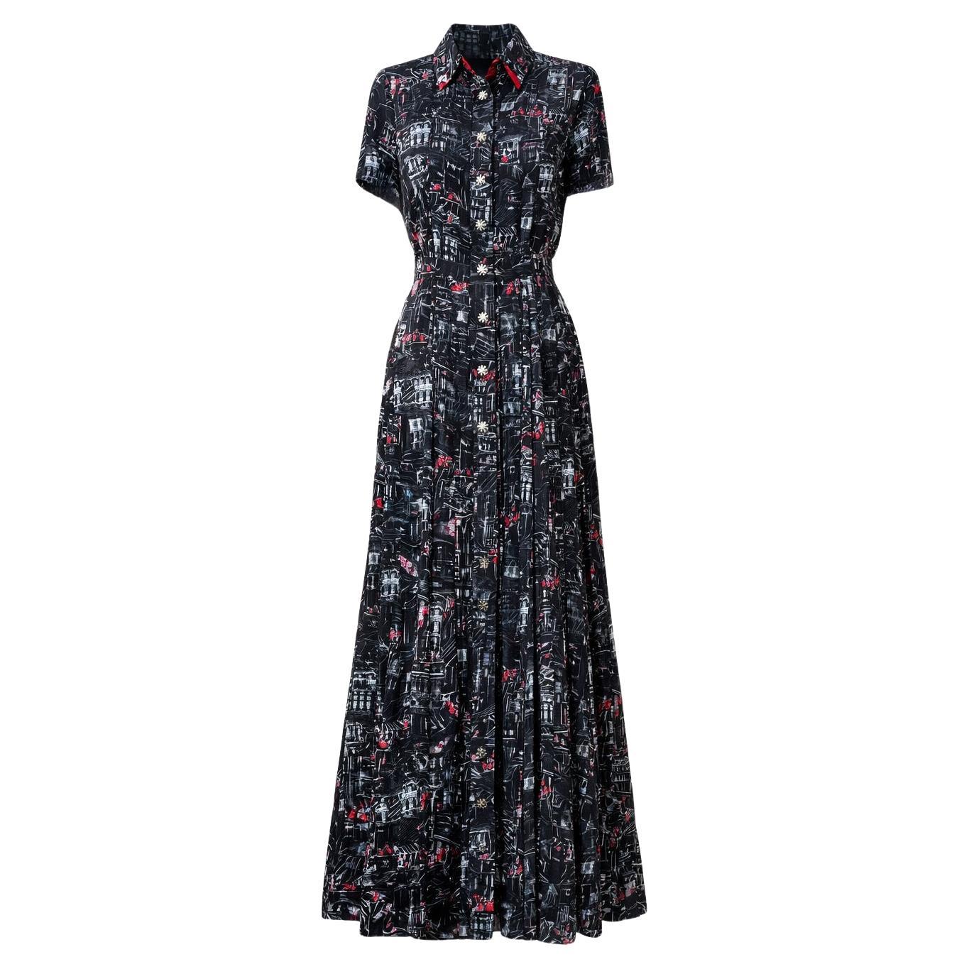 CHANEL 2020 Black Silk Maxi Dress with CC Logo Print 34 FR