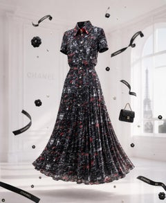CHANEL 2020 Black Silk Maxi Dress with CC Logo Print 34 FR