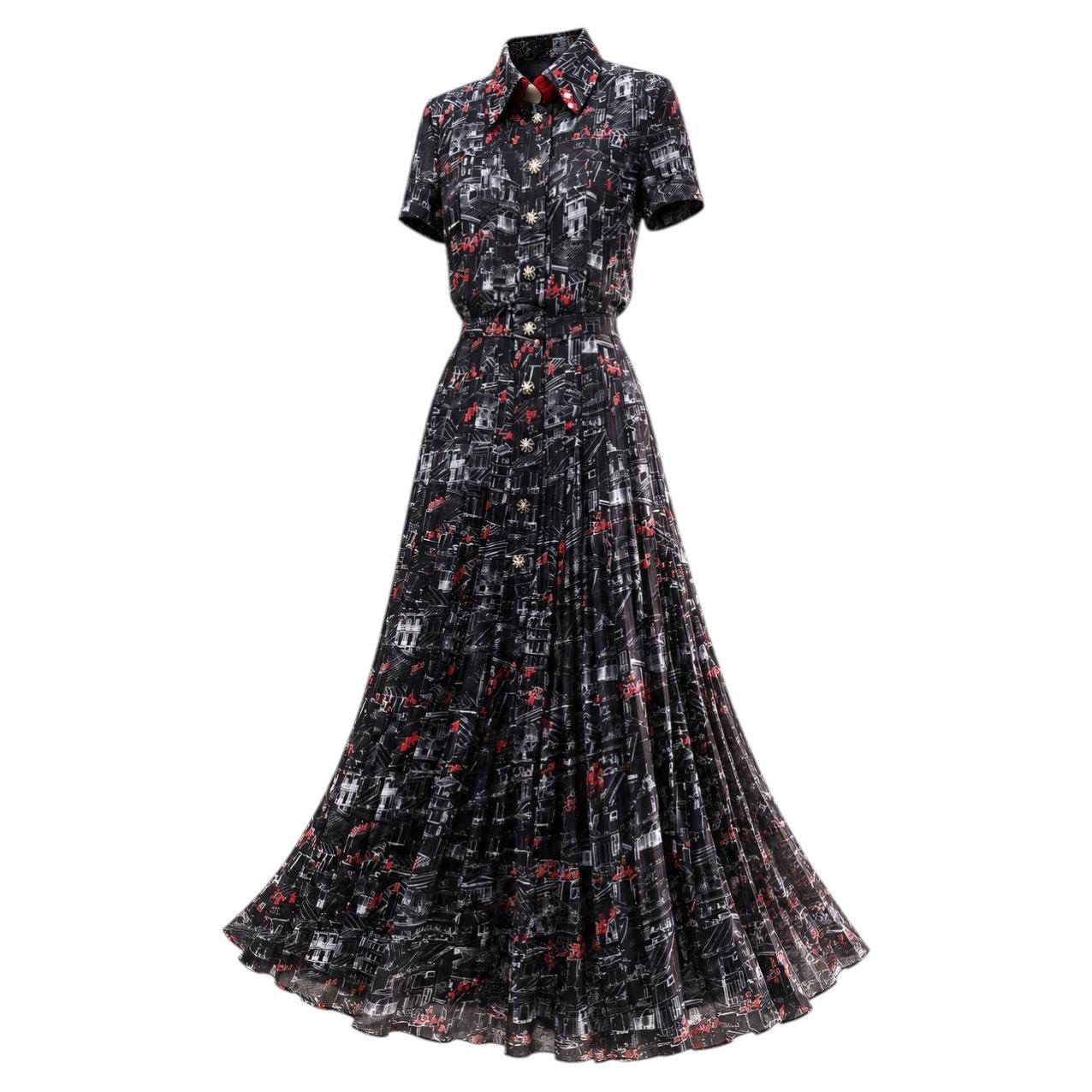 CHANEL 16K$ Robe longue en soie noire avec impression du logo CC 34 FR