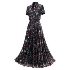 CHANEL 2020 Black Silk Maxi Dress with CC Logo Print 34 FR