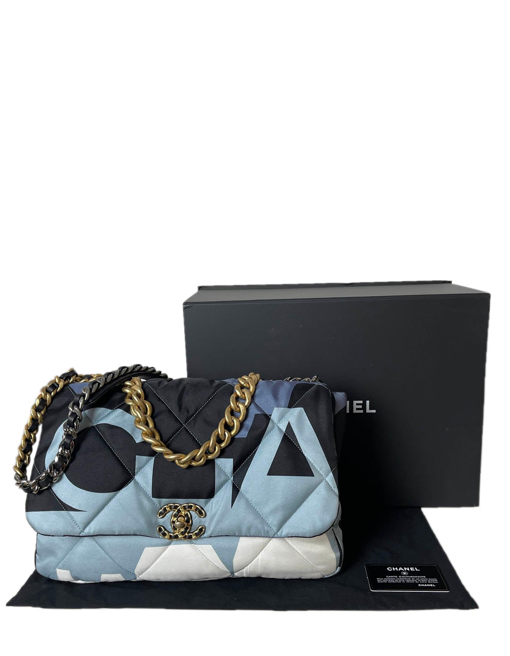 Chanel 2020 Blue/White/Black Nylon Maxi Scarf Chanel 19 Flap Bag For Sale 7