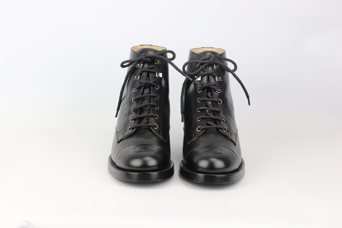 Part of Chanel's 2020 Collection, these ankle boots have been made from soft black leather, they have been patterned with the brand's signature CC embroidered logo on the toe cap and finished with thick black laces to make it easy to slip in to.