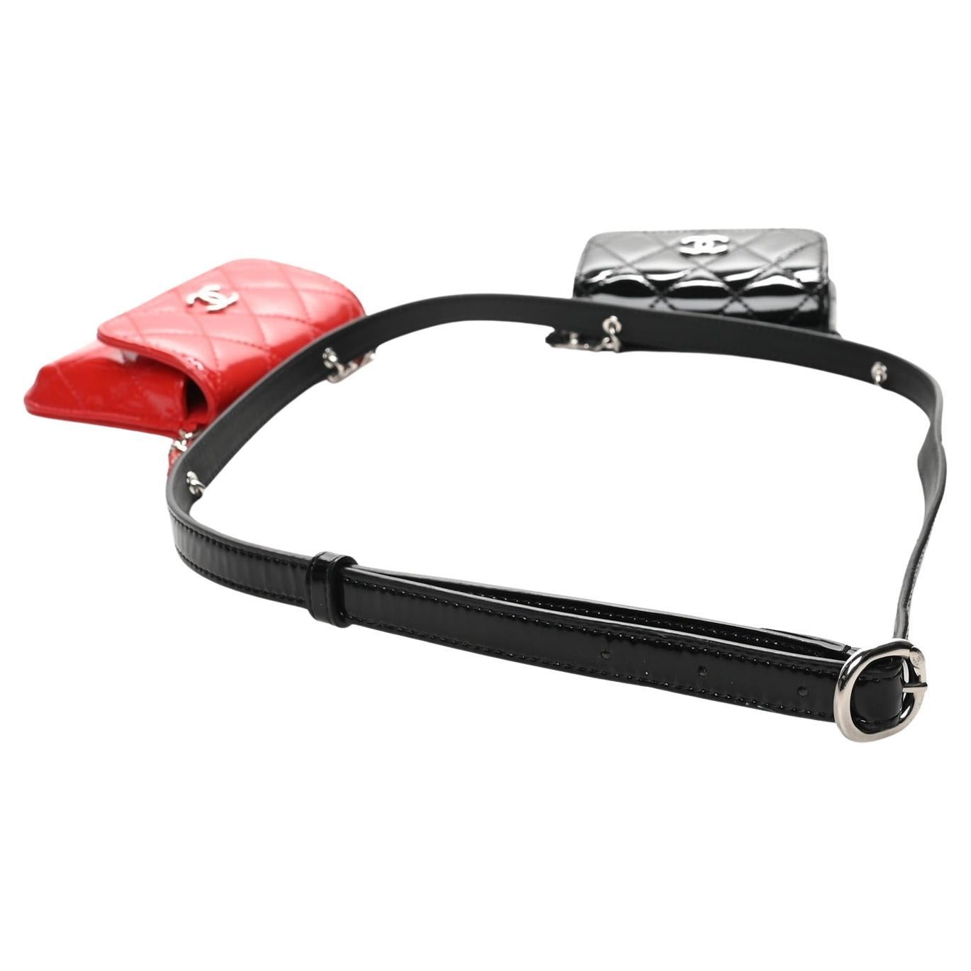 Chanel 2020 Cruise Black Patent and Red Mini Dual Twin Belt Waist Bag In Good Condition For Sale In Miami, FL