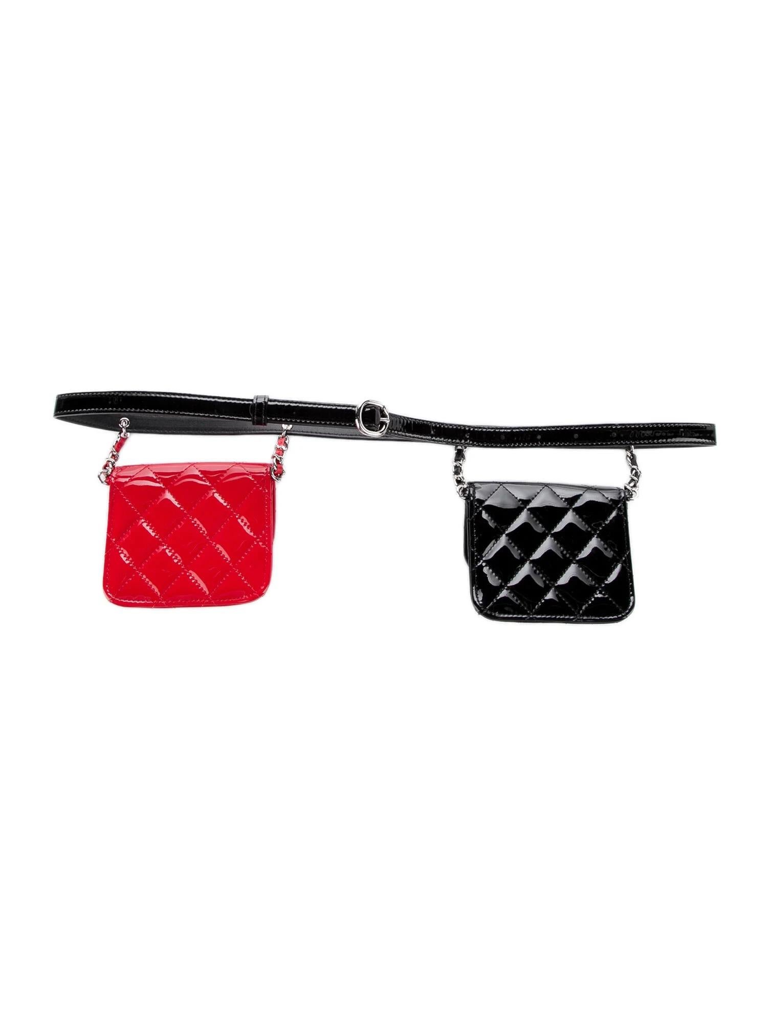 Women's Chanel 2020 Cruise Black Patent and Red Mini Dual Twin Belt Waist Bag For Sale