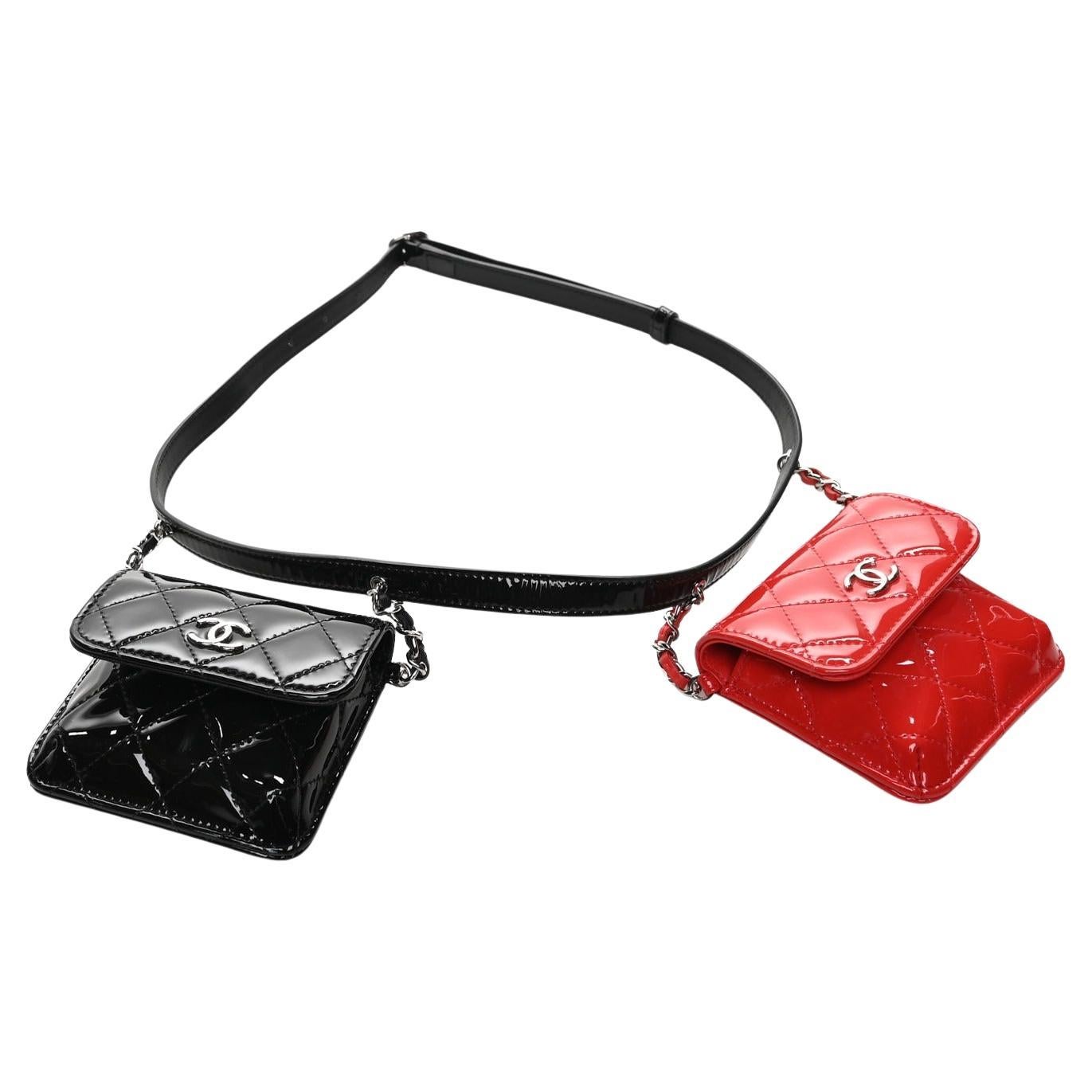 Chanel 2020 Cruise Black Patent and Red Mini Dual Twin Belt Waist Bag For Sale 1