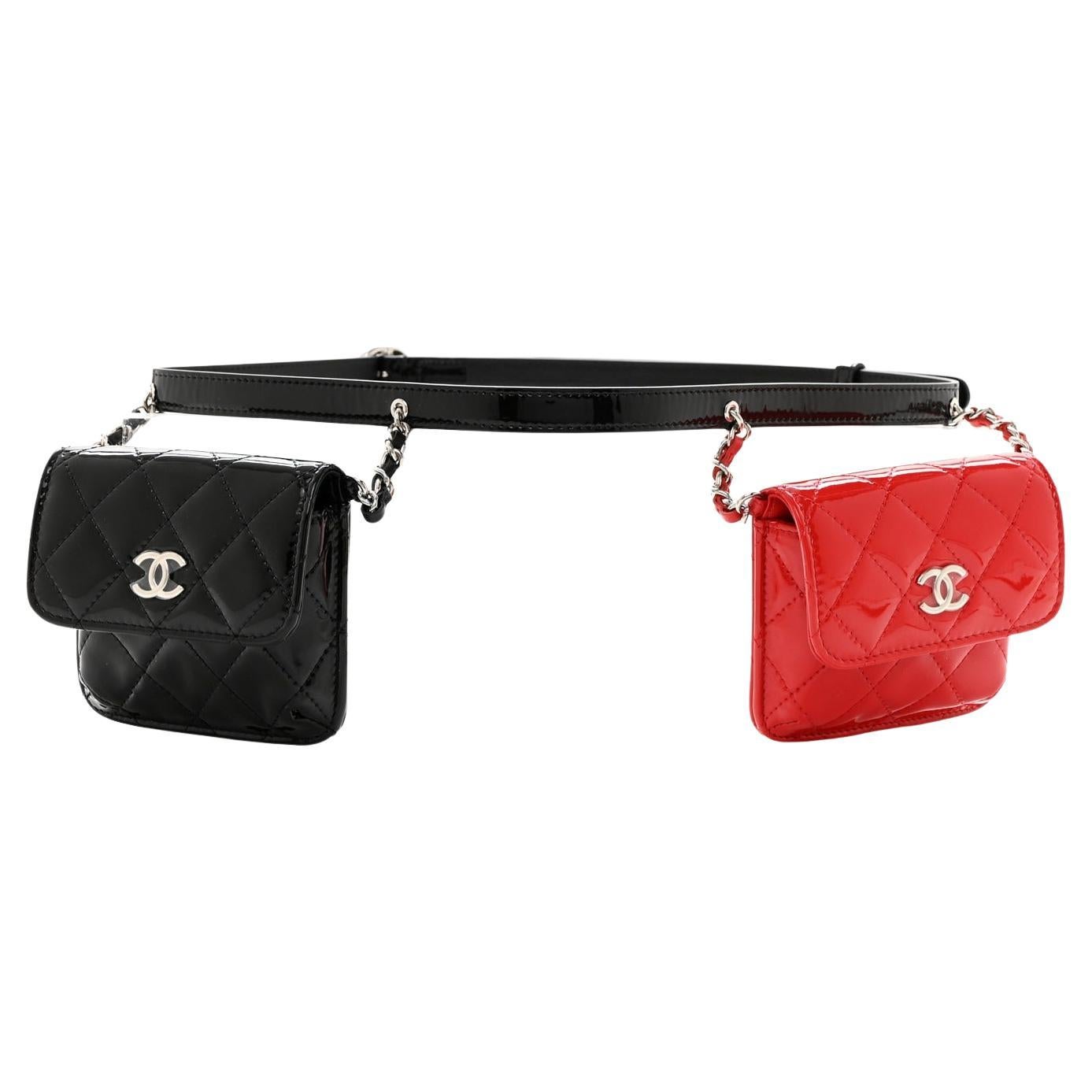 Chanel 2020 Cruise Black Patent and Red Mini Dual Twin Belt Waist Bag