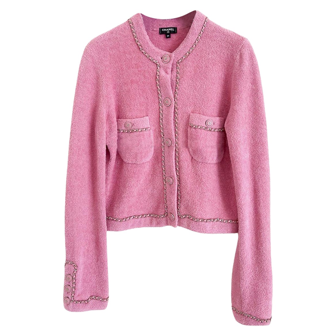 CHANEL 2020 – Kultige, mit Ketten verzierte, flauschige Jacke in Rosa, Größe 34 FR