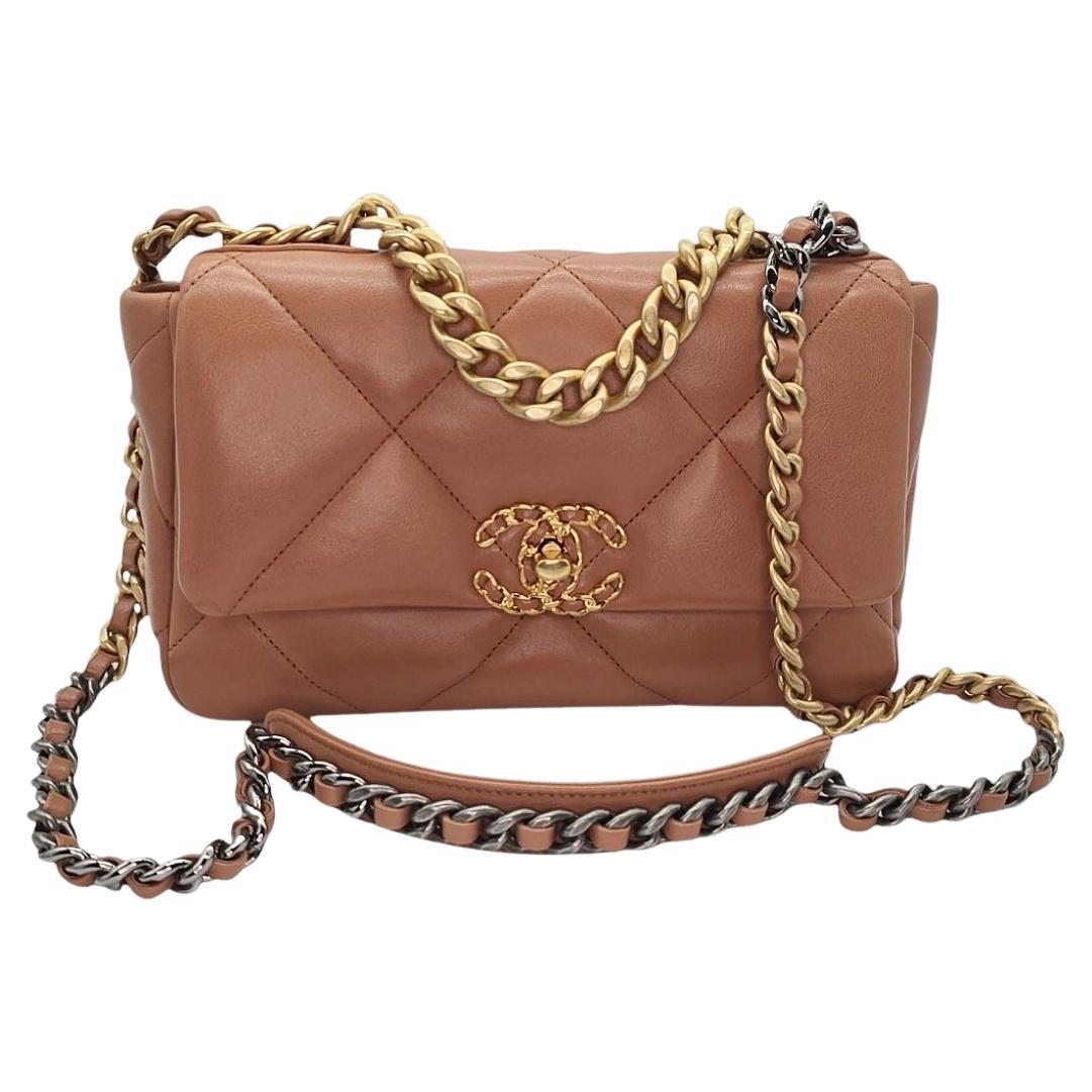 Chanel 2020 Lambskin Quilted Medium Chanel 19 Flap  Caramel For Sale