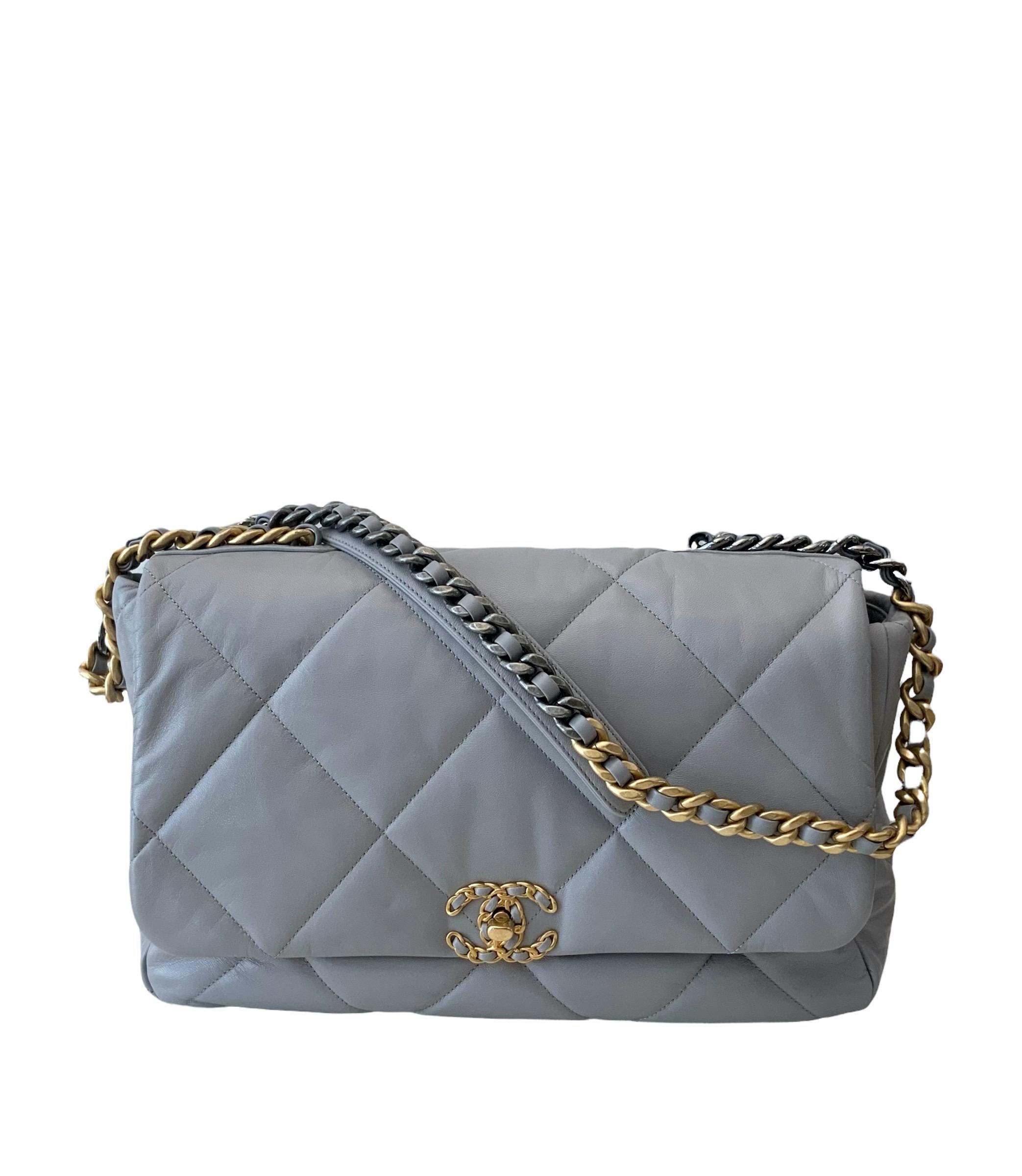 Gray Chanel 2020 Light Grey Leather Chanel 19 Maxi Handbag