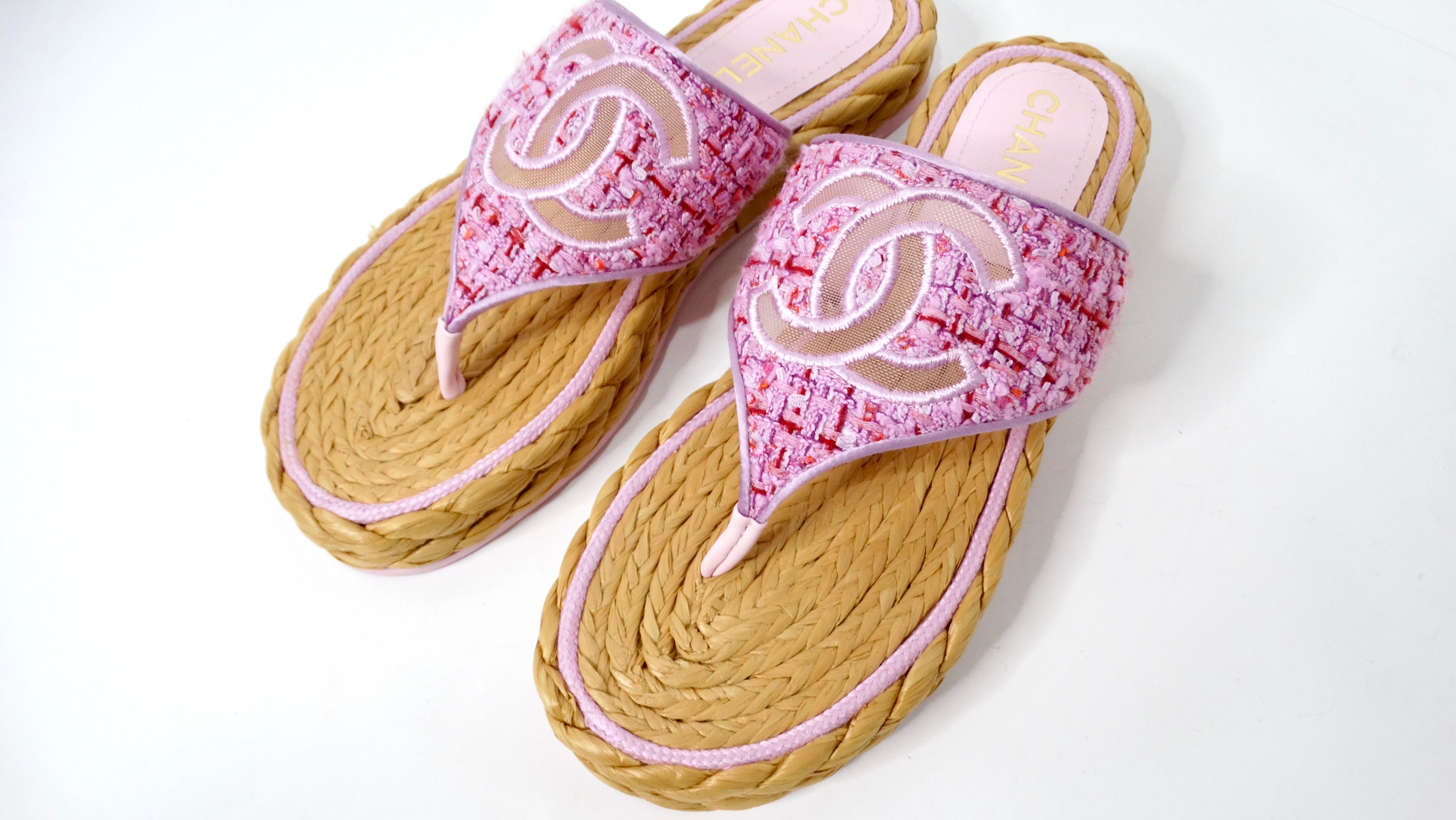 Brown Chanel 2020 Light Purple & Pink Tweed & Mesh Thong Sandals For Sale