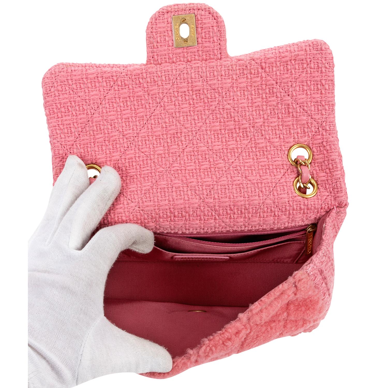 Chanel 2020 Limited Edition Pink Tweed Furry Flap Bag In Excellent Condition In Atlanta, GA