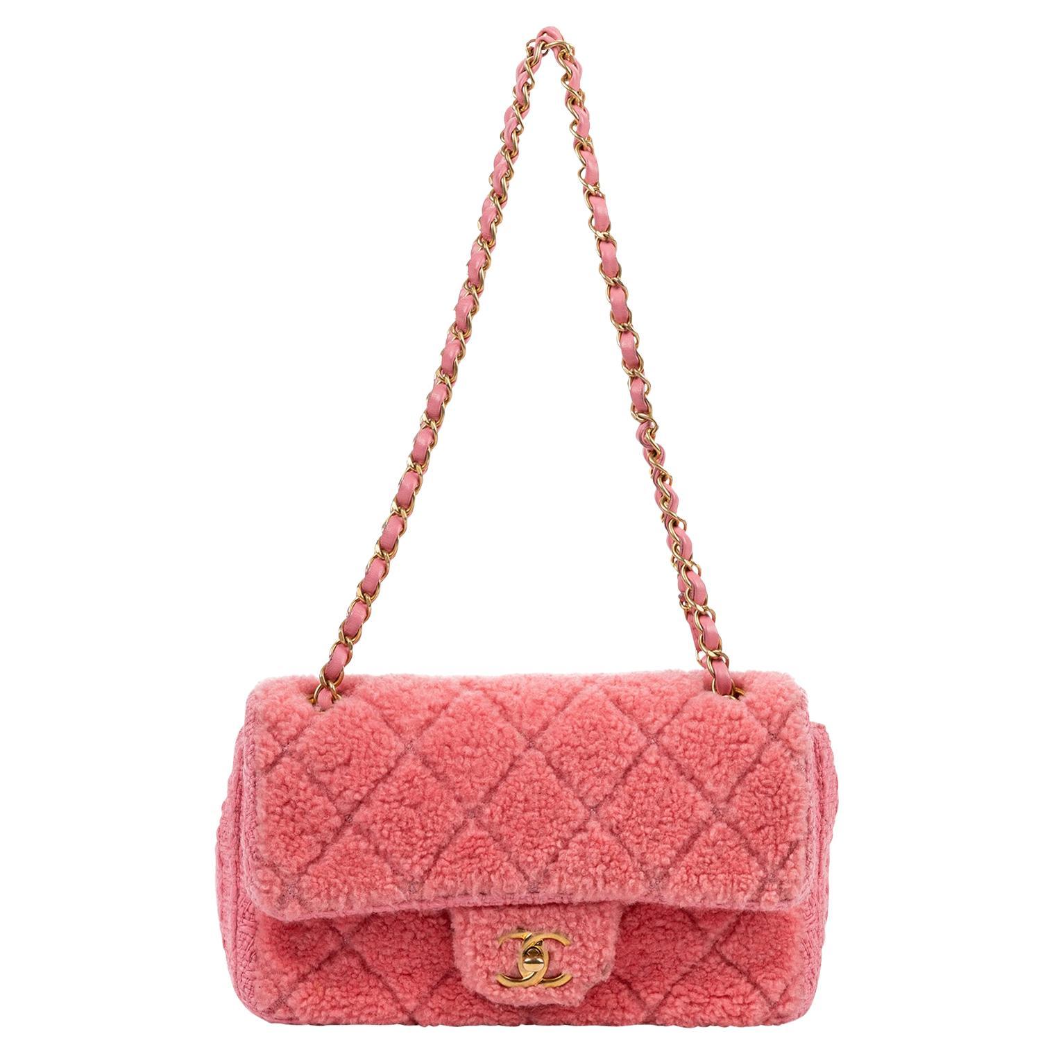 Chanel 2020 Limited Edition Pink Tweed Furry Flap Bag