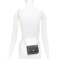 CHANEL 2020 Maxi Pearls black quilted lambskin gold hardware wallet on chain bag