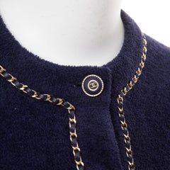 CHANEL 2020 navy cotton terry leather chain trim cropped cardigan jacket FR34
