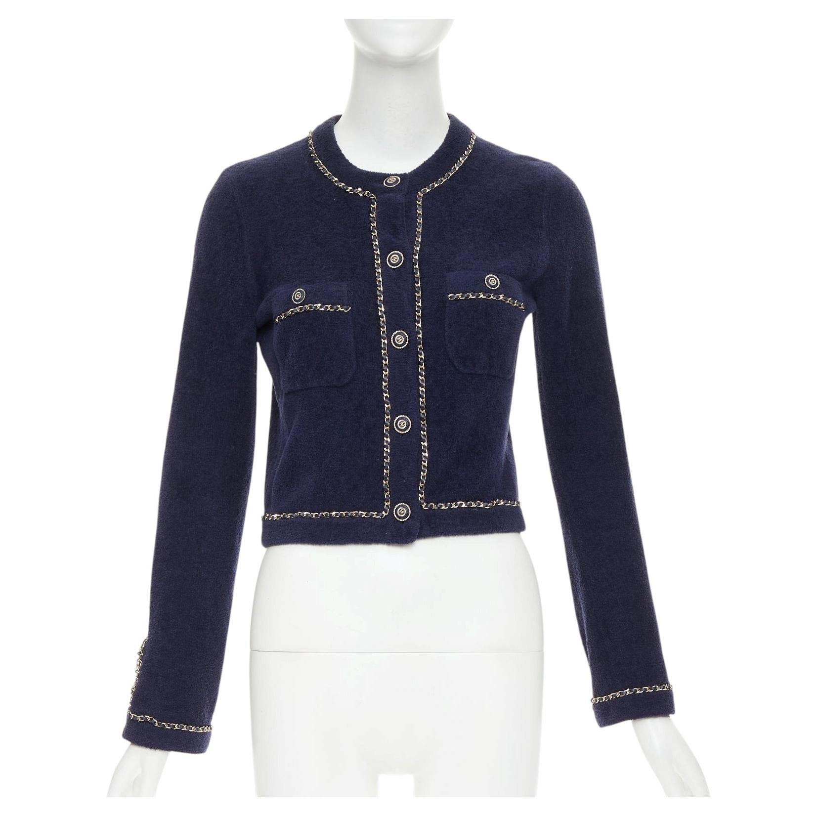 Pre-owned Chanel 2020 Navy Cotton Terry Leather Chain Trim Cropped Cardigan Jacket Fr34 In Blue