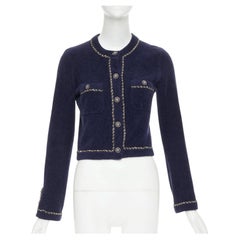 CHANEL 2020 navy cotton terry leather chain trim cropped cardigan jacket FR34