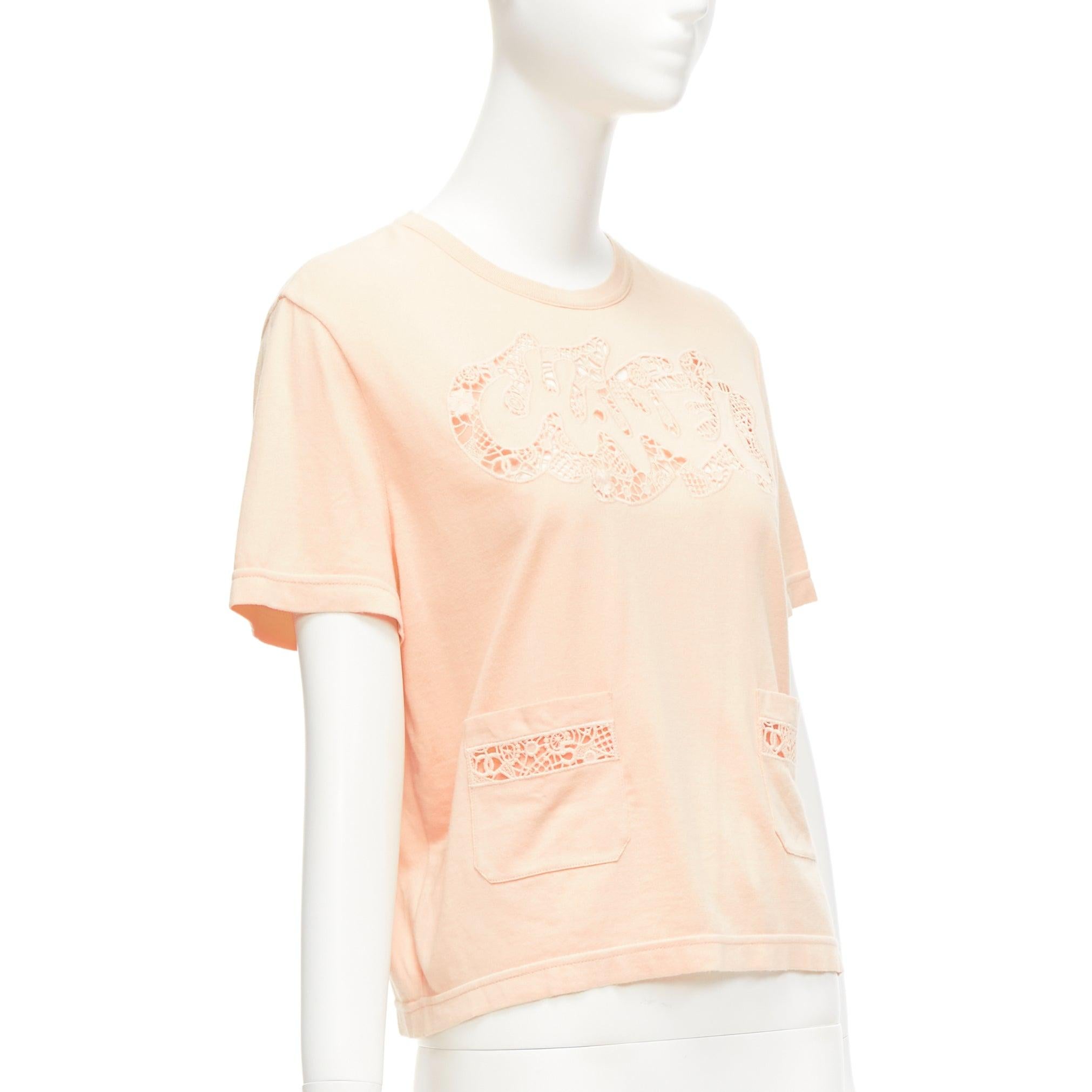 CHANEL 2020 peach pink macrame hollow logo cropped pocketed tshirt FR38 M In Good Condition For Sale In Hong Kong, NT