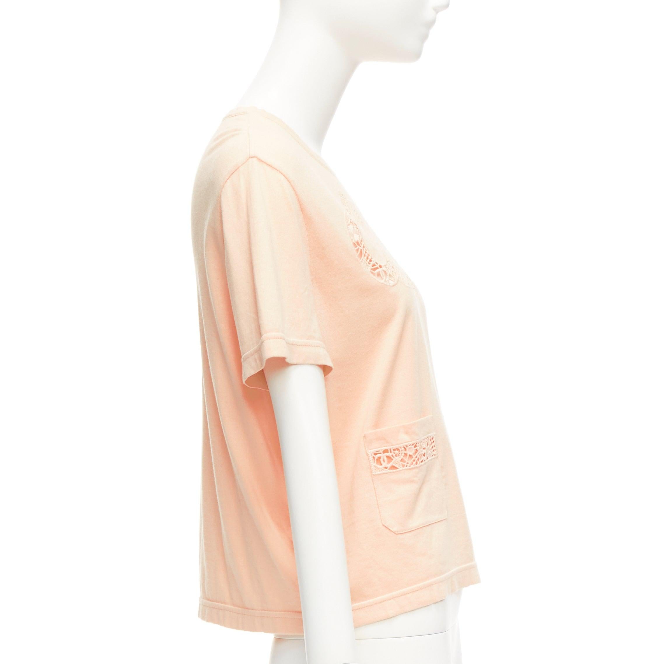 Women's CHANEL 2020 peach pink macrame hollow logo cropped pocketed tshirt FR38 M For Sale