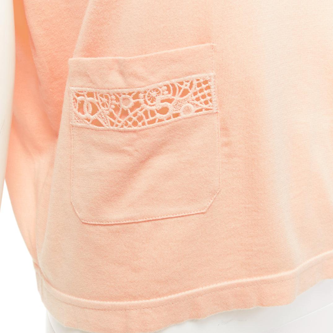 CHANEL 2020 peach pink macrame hollow logo cropped pocketed tshirt FR38 M For Sale 3