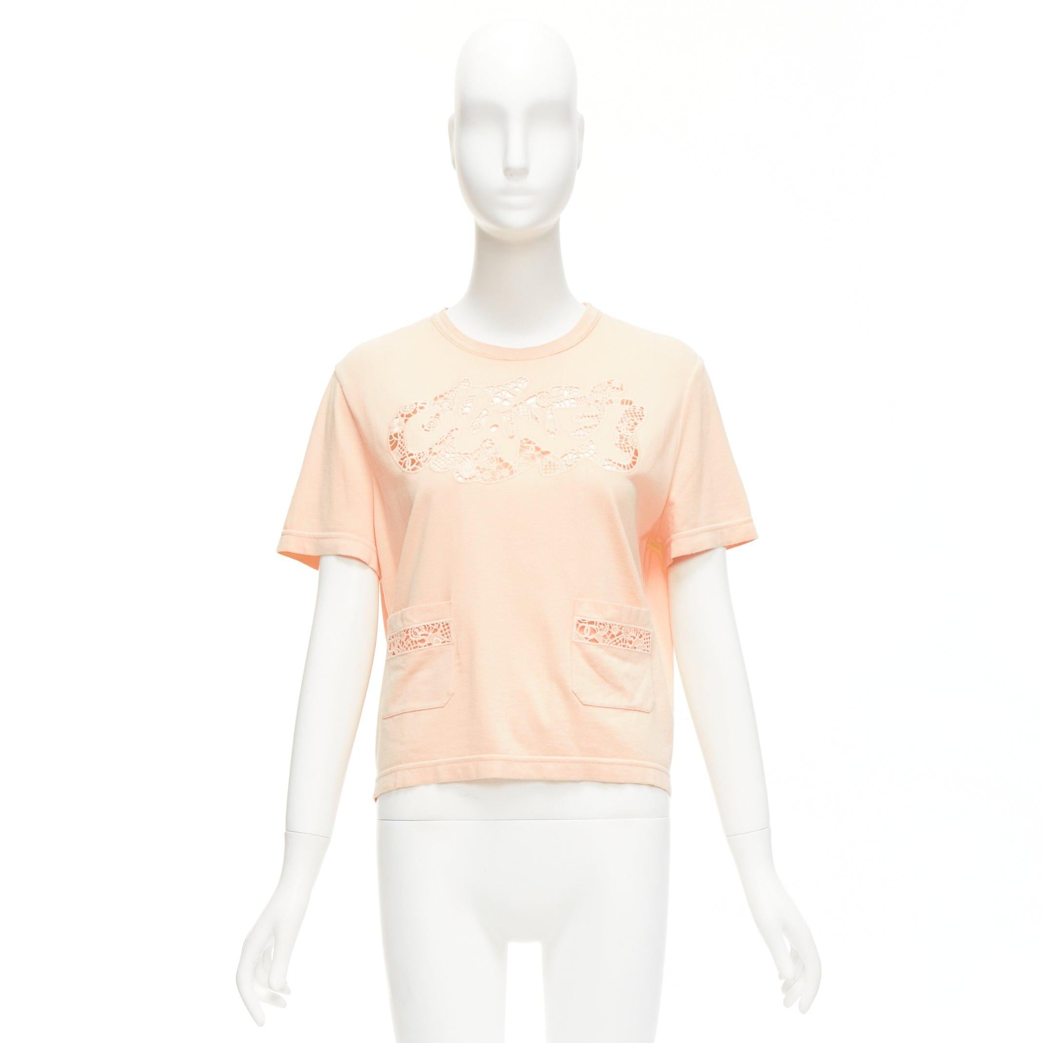 CHANEL 2020 peach pink macrame hollow logo cropped pocketed tshirt FR38 M For Sale 5