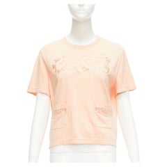 CHANEL 2020 peach pink macrame hollow logo cropped pocketed tshirt FR38 M