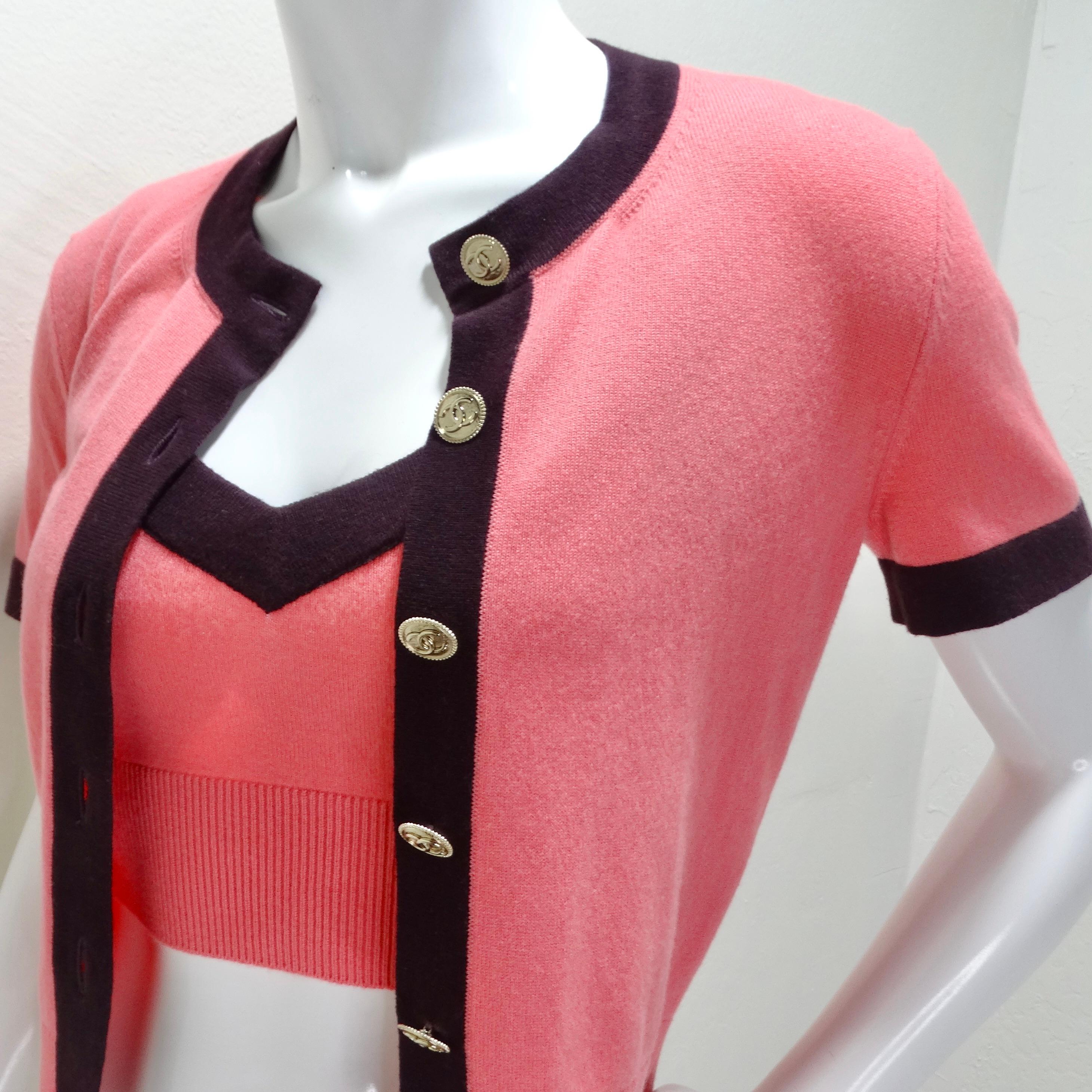 Chanel 2020 Pink Cashmere Cardigan and Tank Set For Sale 1