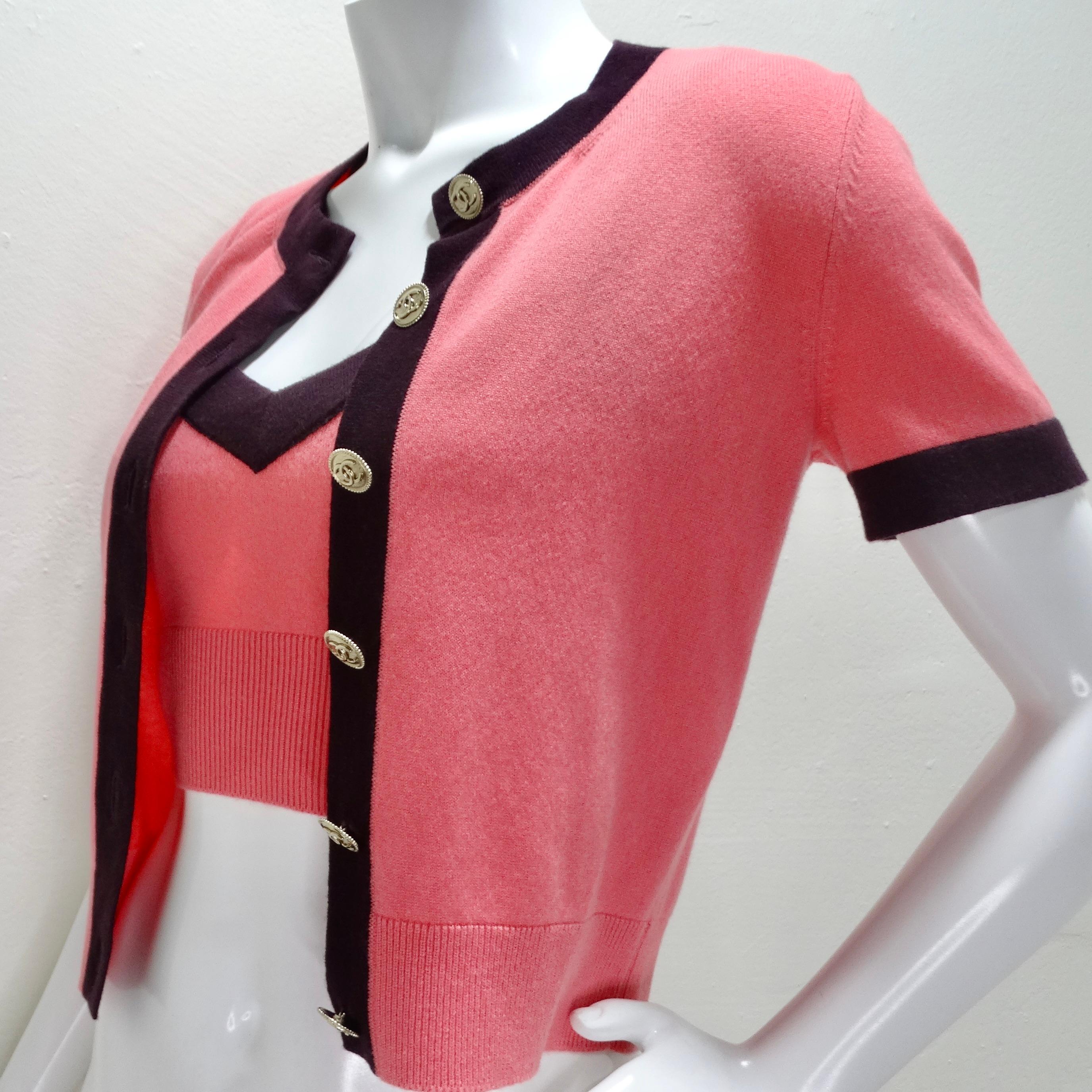 Chanel 2020 Pink Cashmere Cardigan and Tank Set For Sale 2