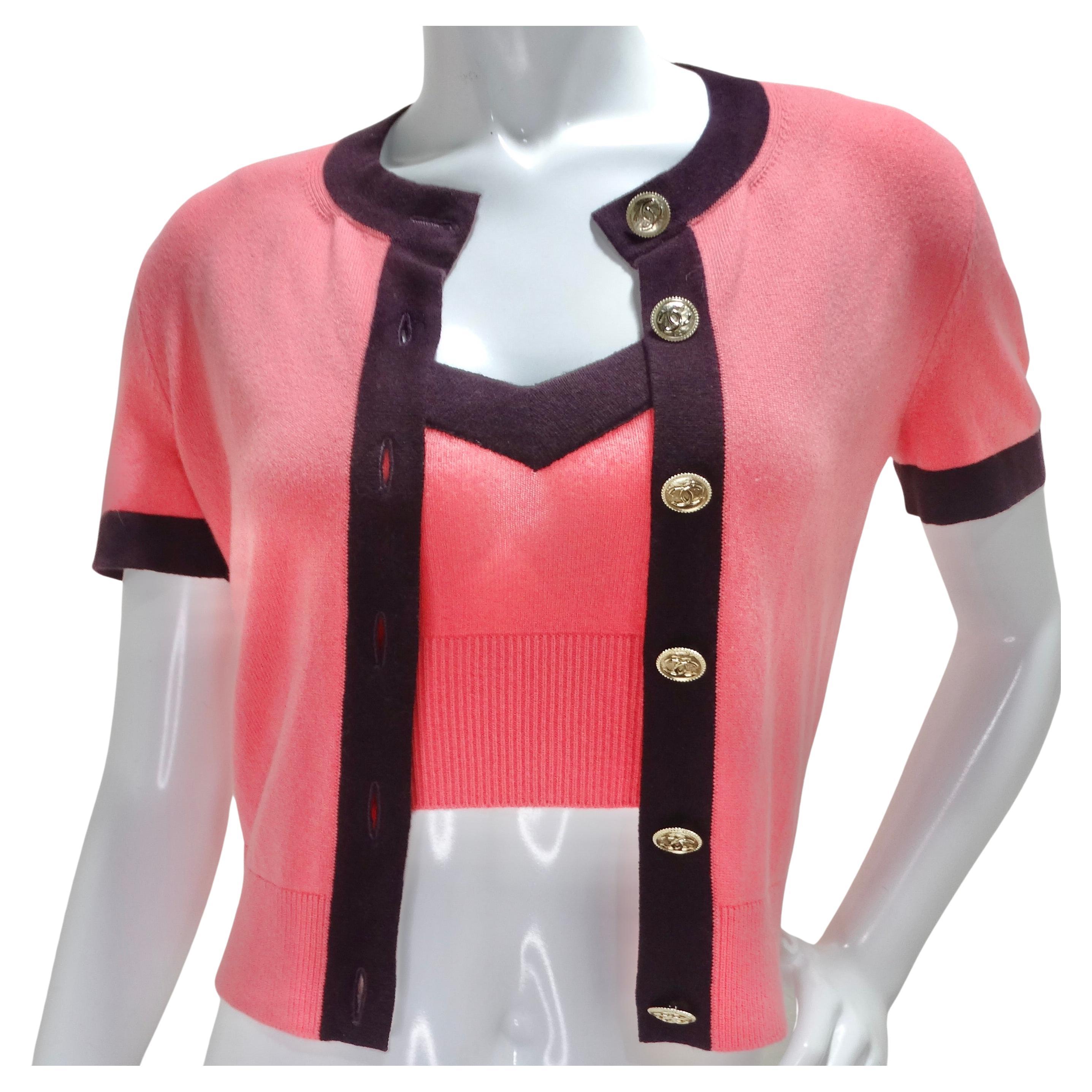 Chanel 2020 Pink Cashmere Cardigan and Tank Set For Sale