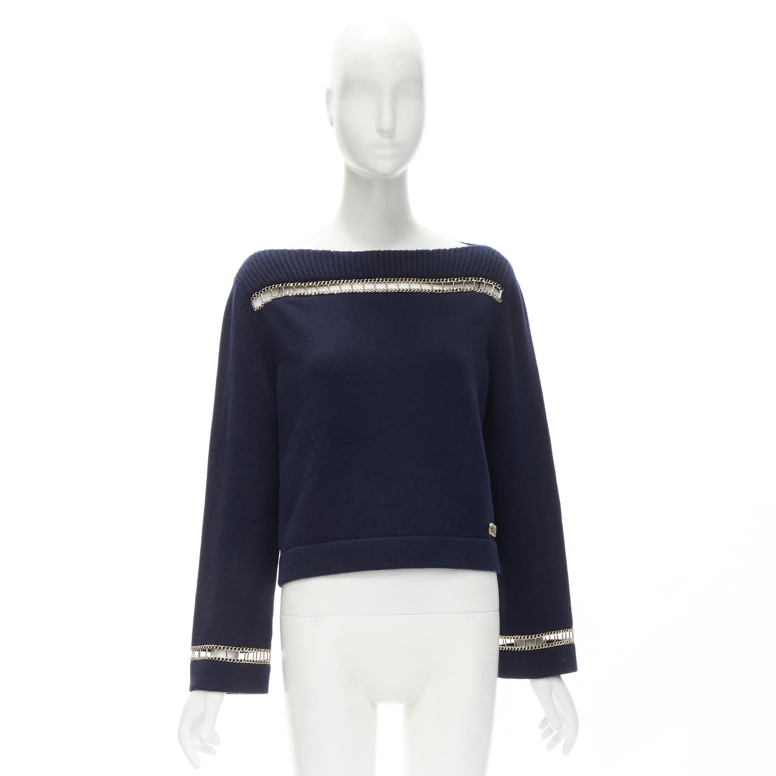 CHANEL 2020 Runway 100% cashmere navy gold chain trim boat neck sweater FR38 For Sale 5