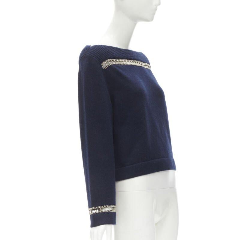 Black CHANEL 2020 Runway 100% cashmere navy gold chain trim boat neck sweater FR38 For Sale