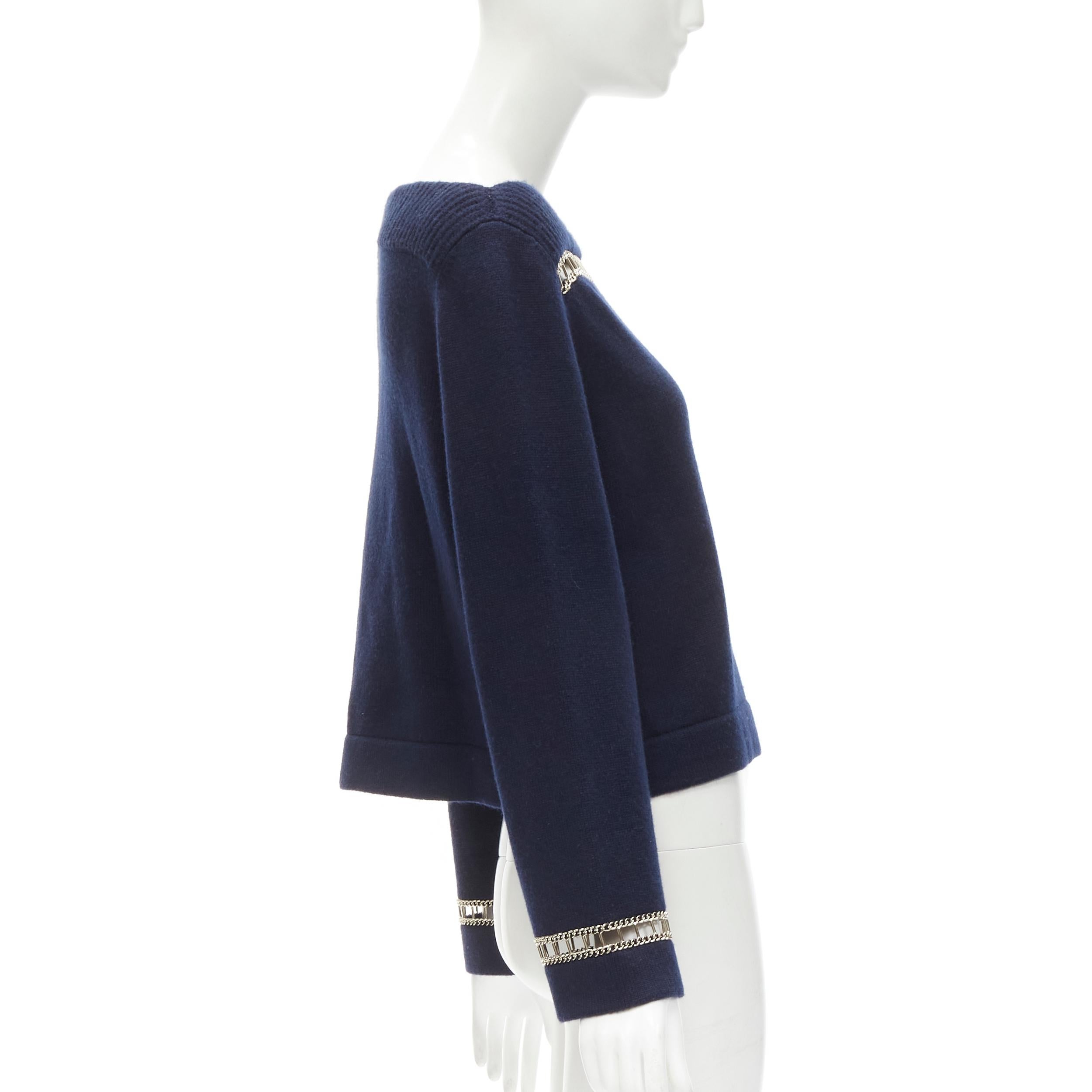 CHANEL 2020 Runway 100% cashmere navy gold chain trim boat neck sweater FR38 In Excellent Condition For Sale In Hong Kong, NT